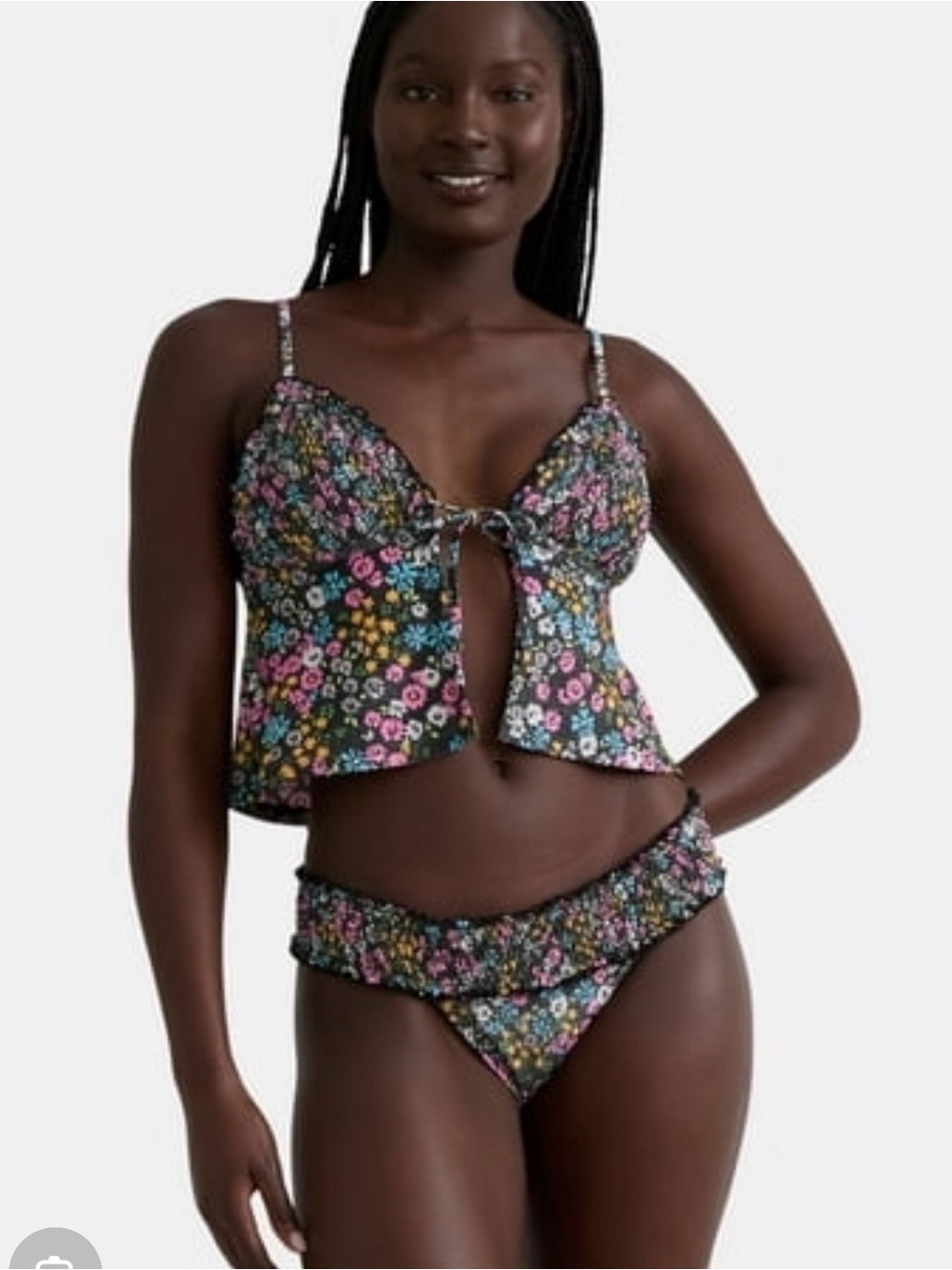 Celebrity Pink Black Multi Floral Tie-Front Tankini & Ruffle Bikini Set